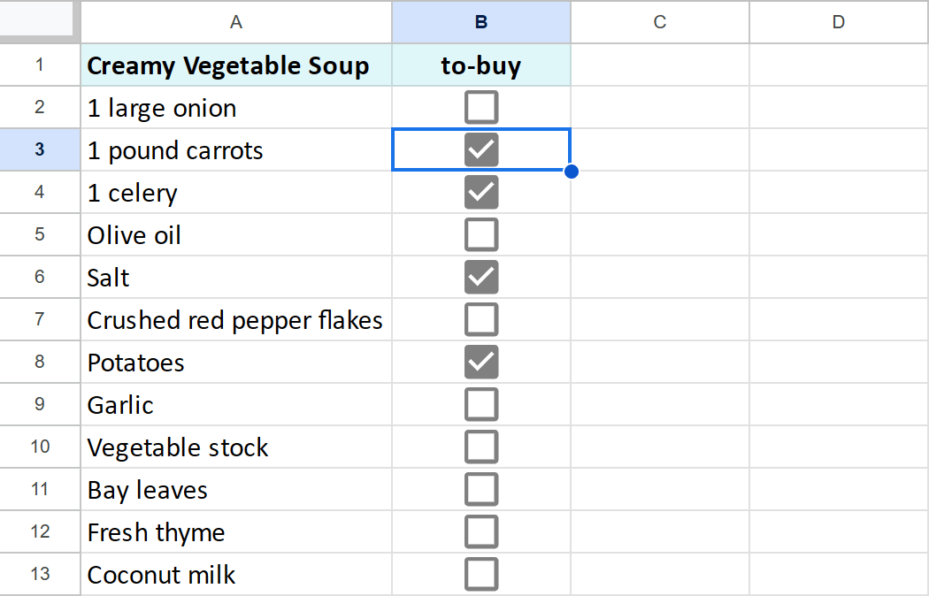 Click the checkbox to insert a checkmark in Google Sheets.