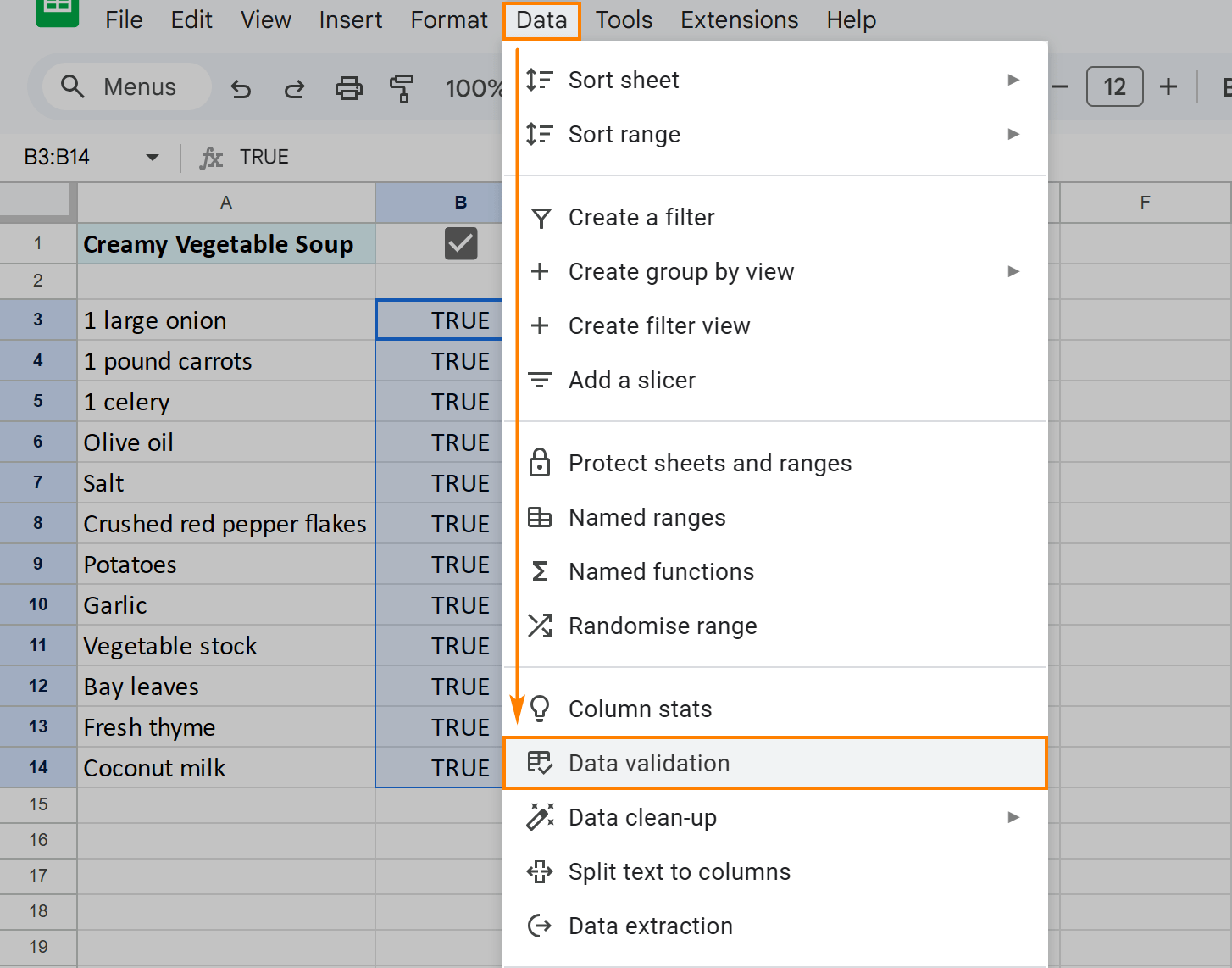 Data validation option in the Google Sheets menu.