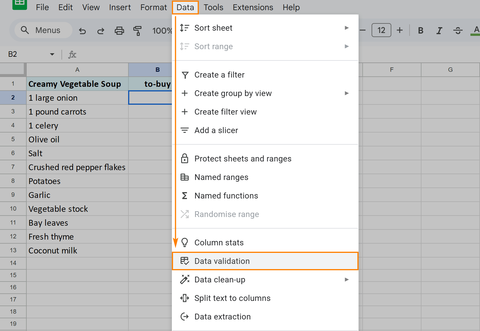 Data validation option in the Google Sheets menu.