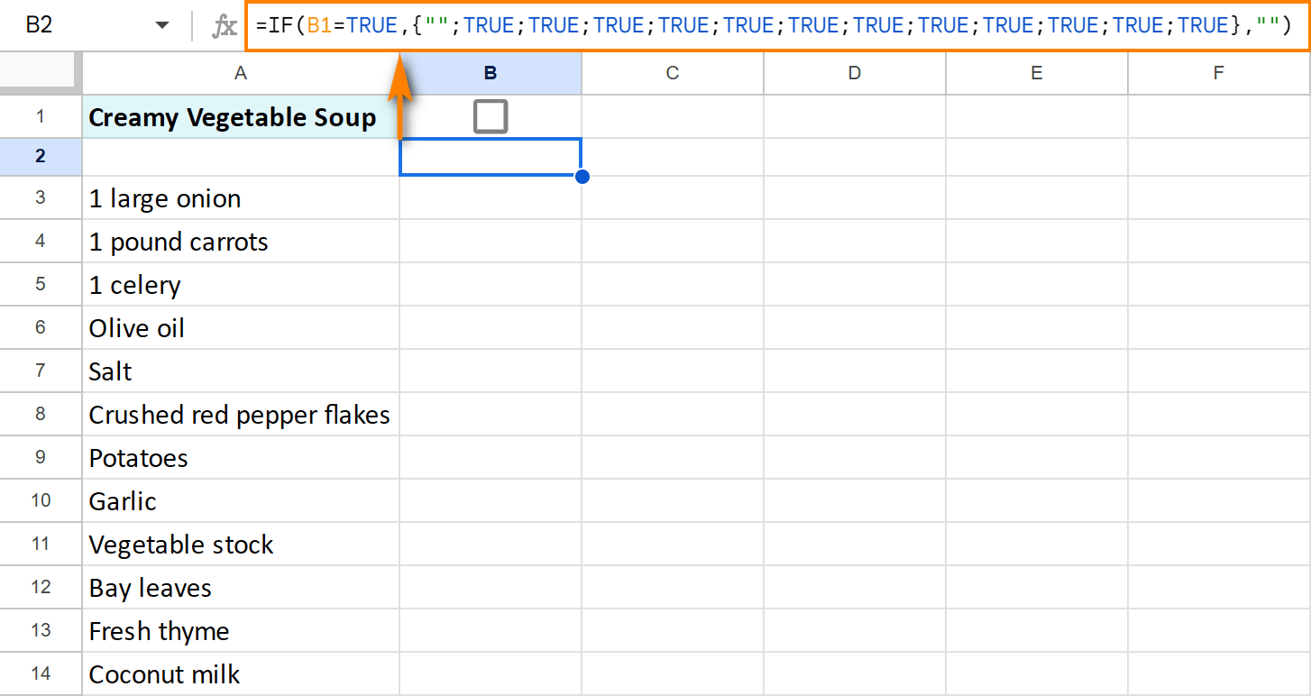 Build your IF formula in Google Sheets to check/uncheck all checkboxes with just one box.