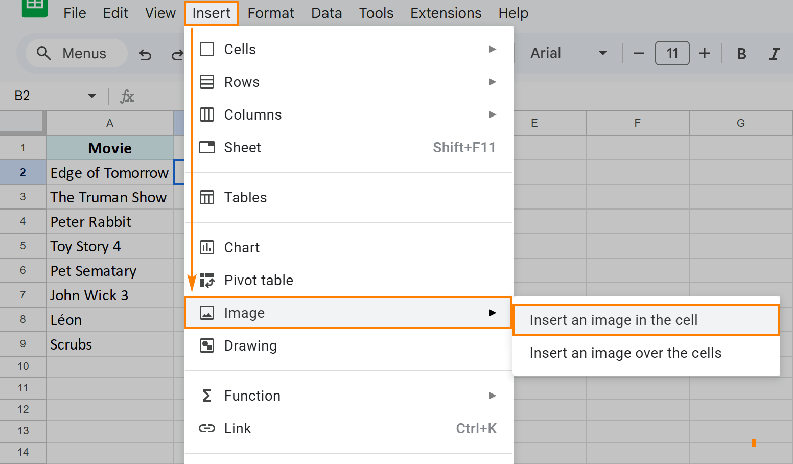 Insert image in cells in Google Sheets.