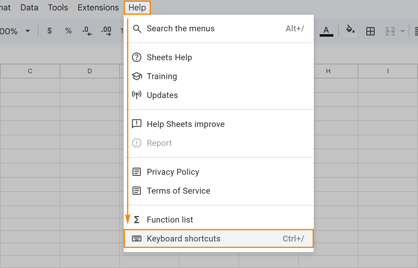 Keyboard shortcuts menu.