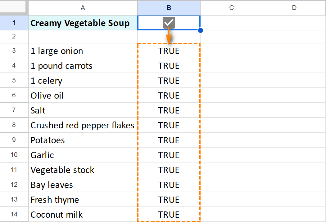 Tick off the first checkbox to mark all rows with TRUE.