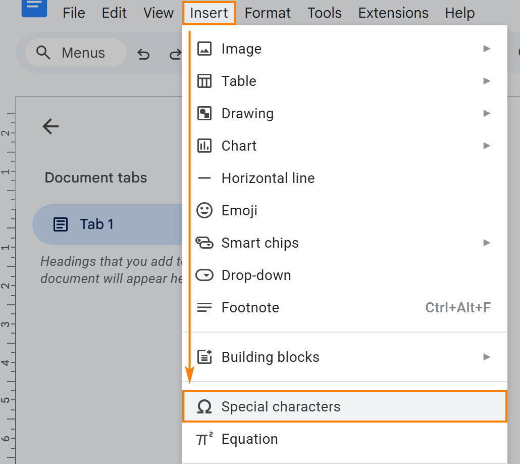 Insert special characters in Google Docs.