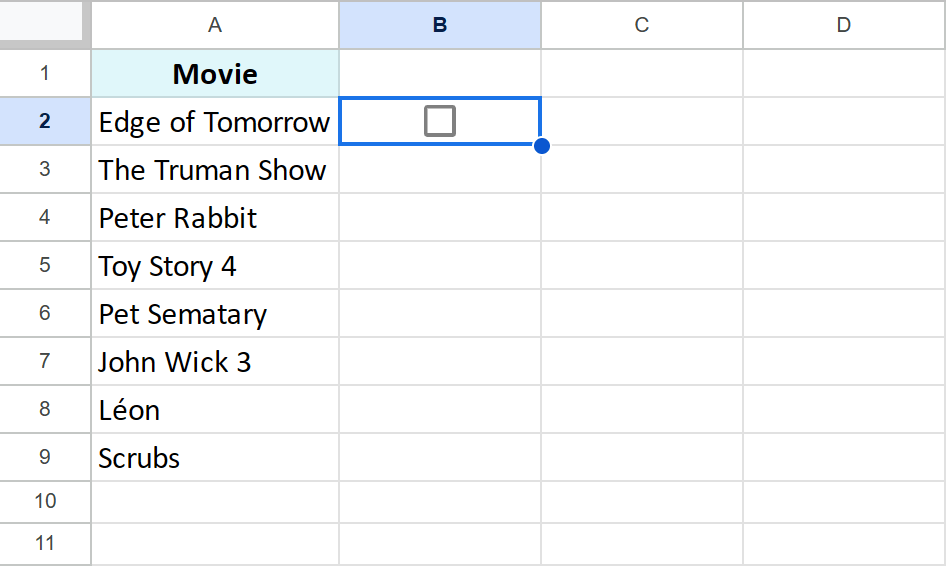 Create a checkbox using keyboard shortcuts in spreadsheets.