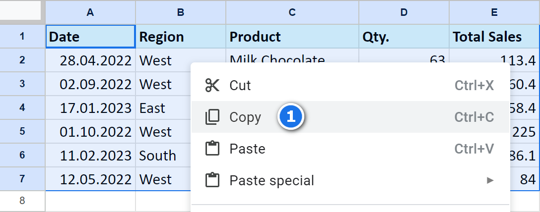 Copy the Google Sheets table you're going to transpose.