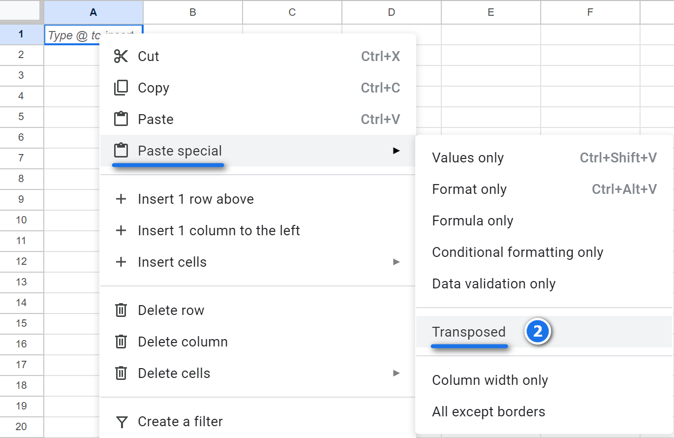 How to transpose in Google Sheets.