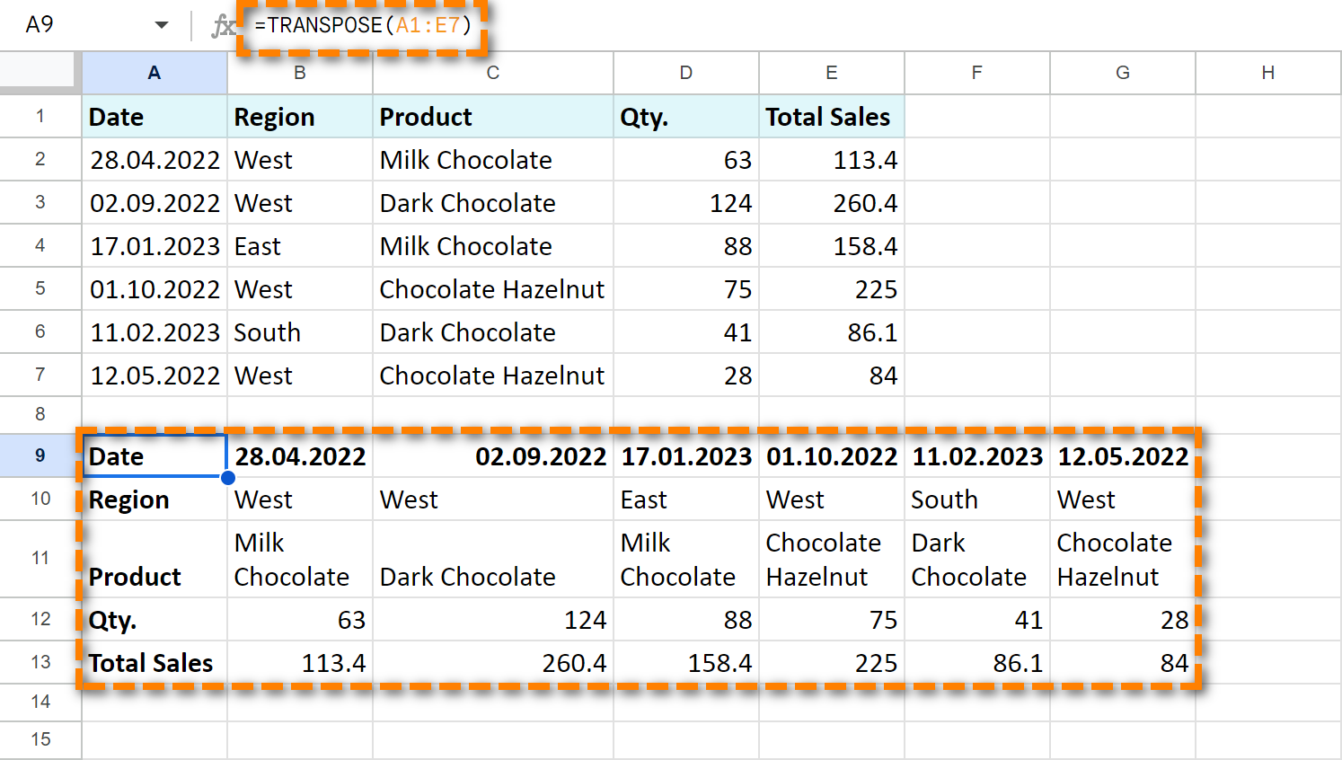 Transpose Google Sheets using the function.