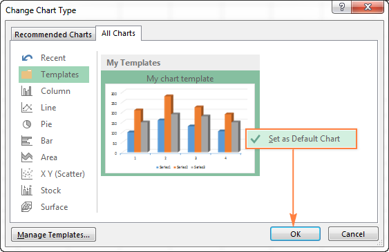 Changing the default chart type in Excel
