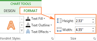 Enter the desired chart height and width in the Shape Height and Shape Width boxes on the Format tab.