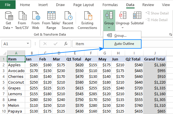 excel group auto outline