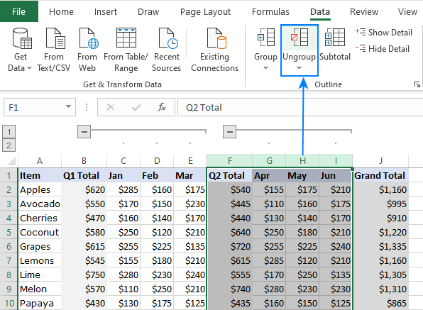 How to group columns in Excel