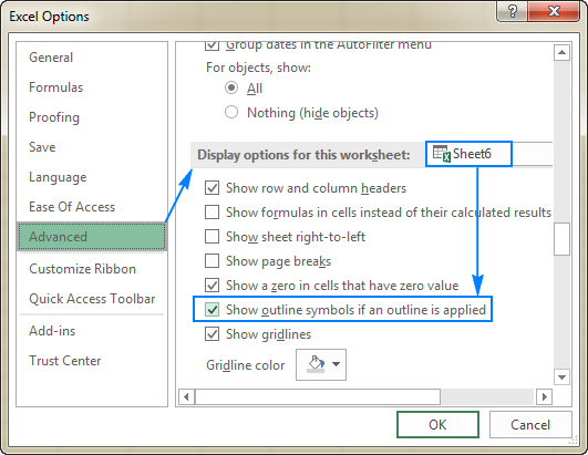 Show outline symbols if an outline is applied