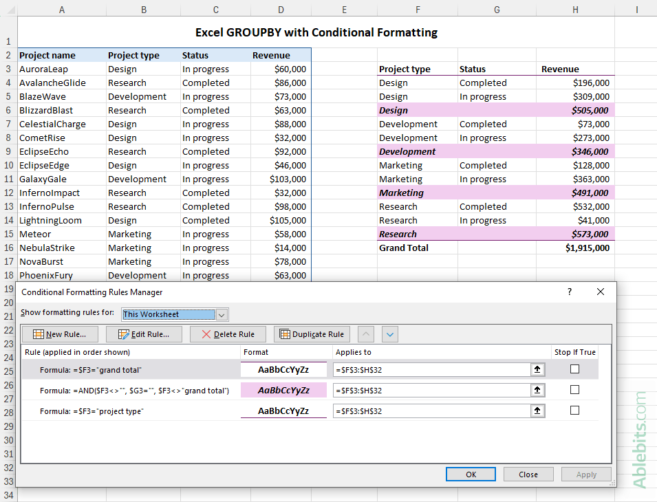 Automatically format GROUPBY results with conditional formatting.