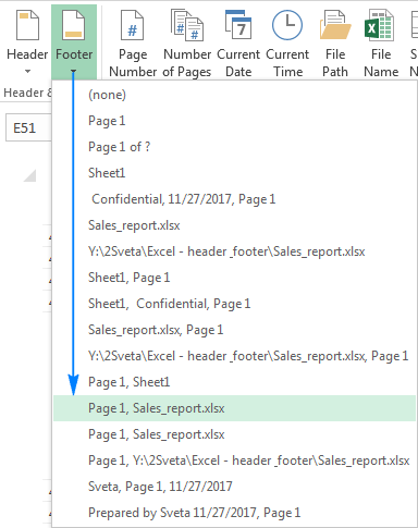Inserting a footer in Excel that displays a page number and file name