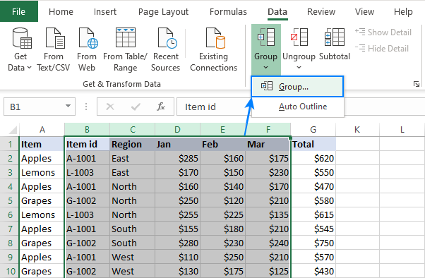 Grouping columns in Excel