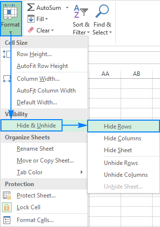 Hide rows in Excel using the ribbon.