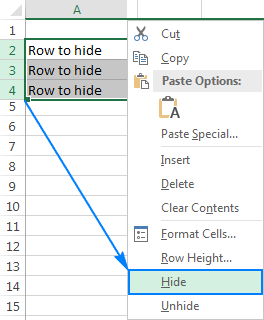 Hide rows in Excel via the right-click menu.