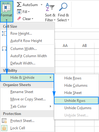 Unhide rows in Excel by using the ribbon