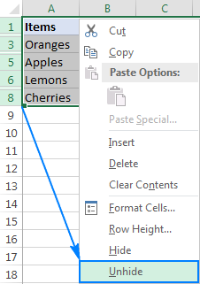 Unhide on or more rows using the context menu