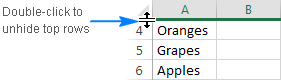Unhide top rows is Excel by double-clicking.