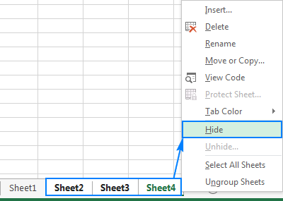 Скрыть листы в Excel через контекстное меню.