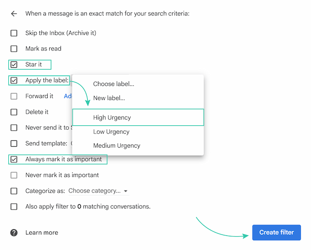 Checkboxes selected to apply a label, add a star, and mark matching emails as important. Checkboxes selected to apply a label, add a star, and mark matching emails as important.