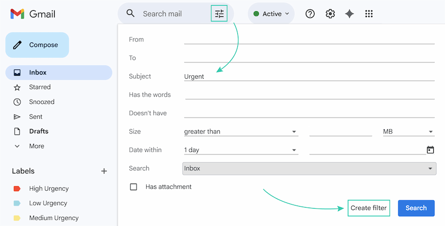 Creating a new filter in Gmail by filling in the Subject criteria fields. Creating a new filter in Gmail by filling in the Subject criteria fields.