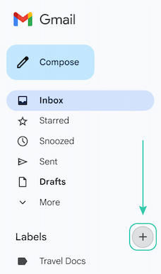 The Gmail sidebar with the cursor clicking the plus icon next to the Labels. The Gmail sidebar with the cursor clicking the plus icon next to the Labels.
