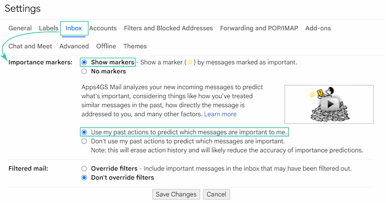 The Gmail Settings menu open to the Inbox tab, showing the Importance markers section with both Show markers and Use my past actions options checked. The Gmail Settings menu open to the Inbox tab, showing the Importance markers section with both Show markers and Use my past actions options checked.