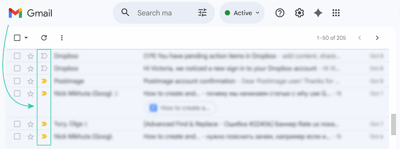 A Gmail inbox view showing yellow arrow icons next to several emails. A Gmail inbox view showing yellow arrow icons next to several emails.