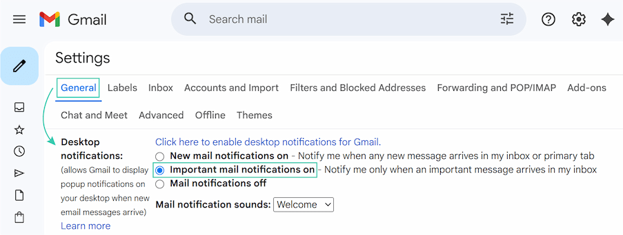 The Gmail Settings menu open to the General tab, showing the Desktop notifications section with the Important mail notifications on option being checked. The Gmail Settings menu open to the General tab, showing the Desktop notifications section with the Important mail notifications on option being checked.
