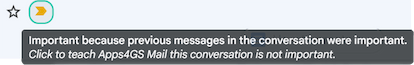 A cursor hovering over the Important marker in Gmail, revealing a pop-up tooltip that explains why the email was marked as important. A cursor hovering over the Important marker in Gmail, revealing a pop-up tooltip that explains why the email was marked as important.