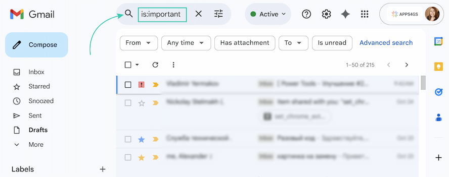 The Gmail search bar with the query is:important typed inside, showing a filtered list of emails marked as Important. The Gmail search bar with the query is:important typed inside, showing a filtered list of emails marked as Important.