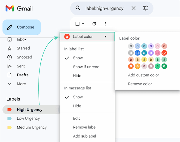 The Gmail label color palette is open, with color options available. The Gmail label color palette is open, with color options available.
