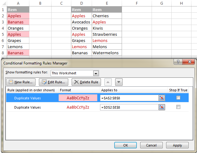 The built-in rule can highlight duplicates in one column or in several columns.