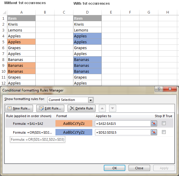 Zvýraznění po sobě jdoucích duplicitních buněk v aplikaci Excel