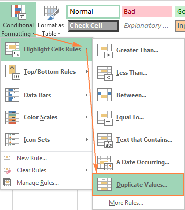 Utilisation de la règle intégrée d'Excel pour mettre en évidence les doublons