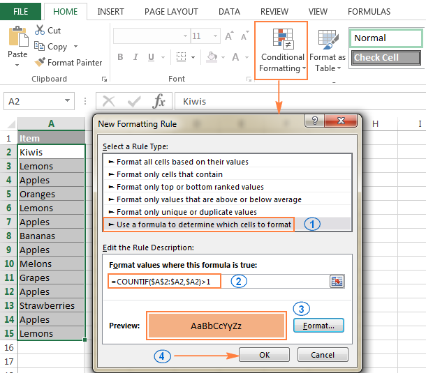 Duplikáty v aplikaci Excel zvýrazněte s výjimkou prvních případů.