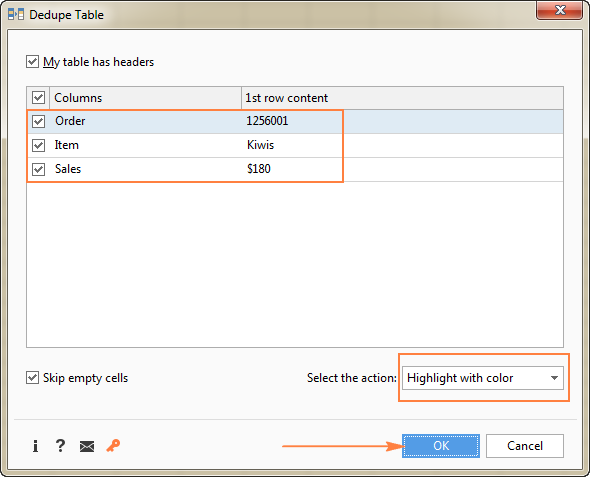  Destaque rapidamente as linhas duplicadas no Excel com base na(s) coluna(s) selecionada(s).