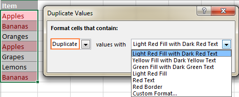 Resaltar duplicados con el formato predeterminado de Relleno rojo claro y Texto rojo oscuro