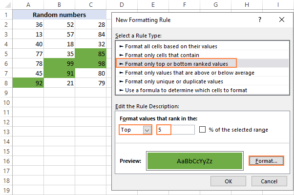 How to highlight top 3 5 10 values in Excel