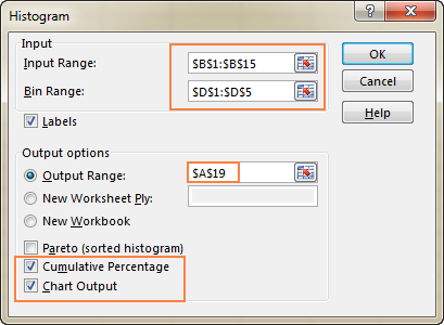 Specify the histogram input range, bin range, output range and additional options.
