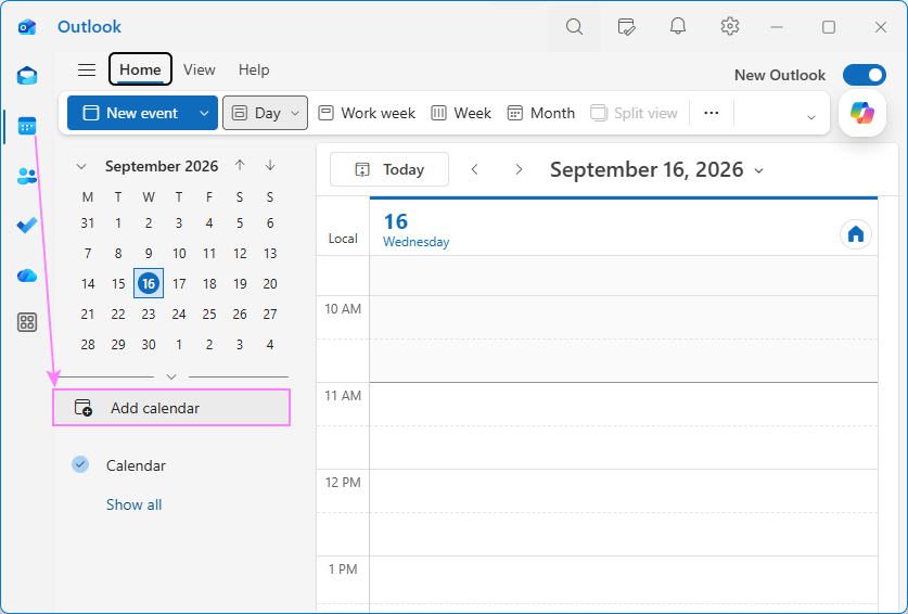 Add a calendar in new Outlook.