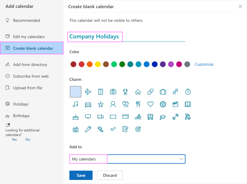 Create a company holidays calendar in Outlook.