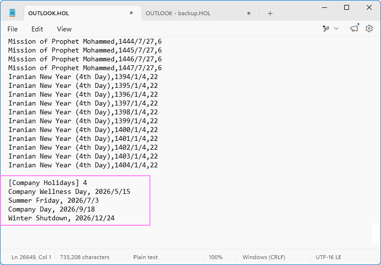 Add a custom holiday section to the Outlook.hol file.