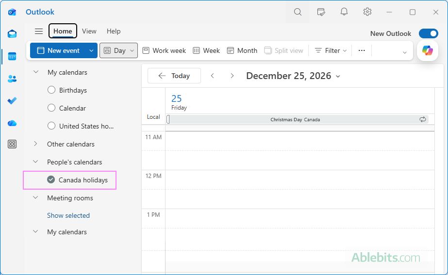 Canada holidays calendar is added to Outlook.