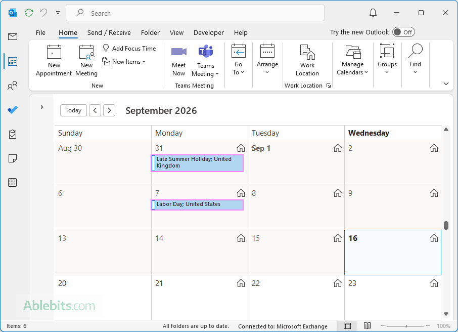 Holidays for the selected countries are added to the Outlook calendar as all-day events.