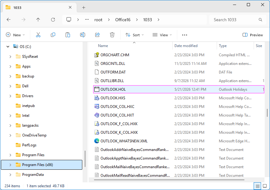 Locate the Outlook.hol holiday file on your computer.
