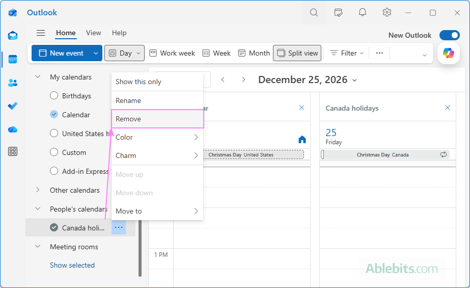 Remove holidays from new Outlook.